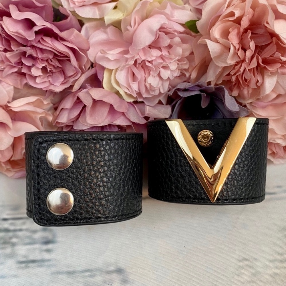 Black Leather Wide Wrap Gold V Cut Cuff Bracelet